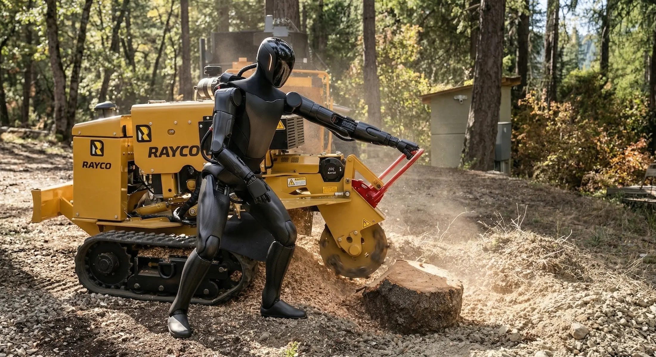 Remote-operated stump grinder working a conifer stump on a North Idaho property